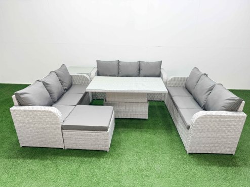 Fimous PE Rattan Lounge Sofa Set 10 Seater Outdoor Garden Furniture Set with Adjustable Lifting Dining or Coffee Table 3 Seater Sofa Big Footstool Side Table Light Grey