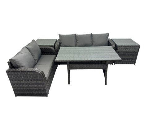 Fimous 5 Seat Outdoor Wicker PE Rattan Garden Furniture Set Dining Table Sofa Sets with 2 Side Tables Dark Grey Mixed