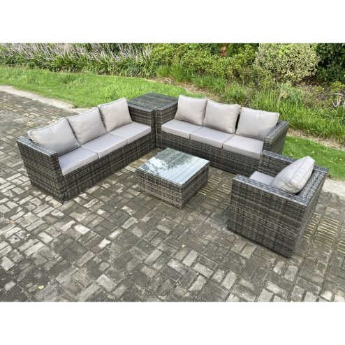 Fimous Rattan Garden Furniture Sofa Set with Armchair Square Coffee Table Side Table Indoor Outdoor 7 Seater Rattan Set Dark Grey Mixed