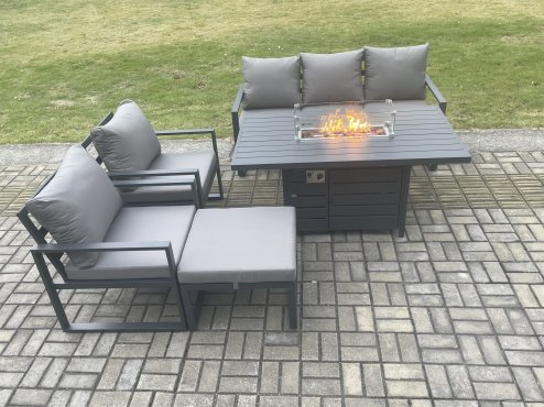 Fimous Aluminium Outdoor Garden Furniture Set Gas Fire Pit Dining Table Set Gas Heater Burner with 2 Arm Chair Big Footstool Dark Grey 6 Seater