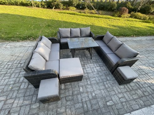 Fimous 12 Seater Wicker Rattan Garden Furniture Set with Rectangular Dining Table 3 Footstools Patio Outdoor Lounge Sofa Set
