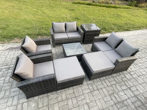 Fimous Outdoor Garden Furniture Sets 8 Pieces Wicker Rattan Furniture Manual Wicker Patio Sofa Patio Conversation Set with 2 Big Footstool Side Table Dark Grey Mixed