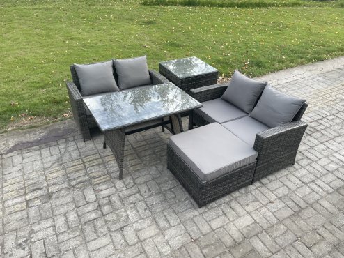 Fimous Garden Furniture Sets 5 Pieces Wicker Rattan Furniture Manual Wicker Patio Sofa Patio Conversation Set with Side Table Big Footstool Dark Grey Mixed