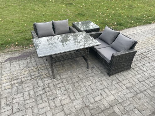 Fimous Dark Grey PE Wicker Rattan Garden Furniture Set Love Sofa Outdoor Rectangular Dining Table Side Table