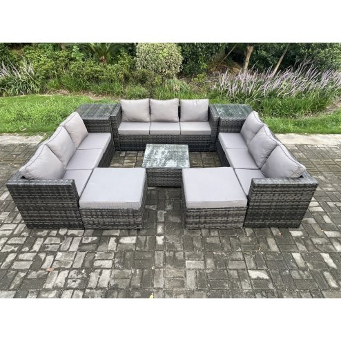 Fimous Outdoor Rattan Garden Furniture Set Patio Lounge Sofa Set with 2 Side Tables Square Coffee Table 2 Big Footstool Dark Grey Mixed