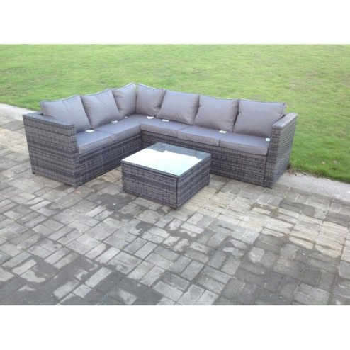 Fimous Rattan Corner Sofa Set Square Coffee Table Outdoor Garden Furniture In Dark Grey Mix 6 Seater With Seat And Back Cushion Right Corner