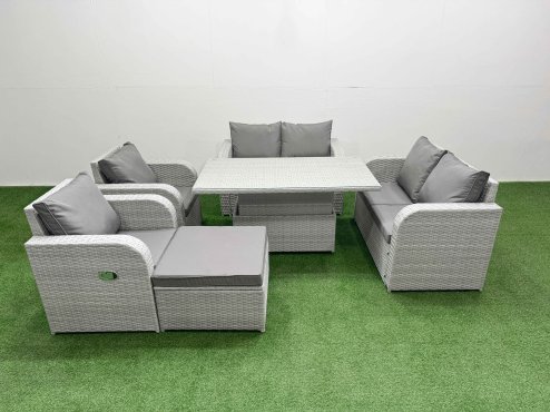 Fimous 7 Seater Outdoor Reclining Chair Love Sofa Set Rattan Garden Furniture Set with Adjustable Lifting Dining or Coffee Table Footstool Light Grey Image