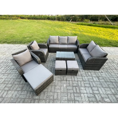 Fimous Patio Garden Furniture Sets Wicker 10 Seater Outdoor Rattan Furniture Sofa Sets with Rectangular Coffee Table Reclining Chair Loveseat Sofa 3 Footstools