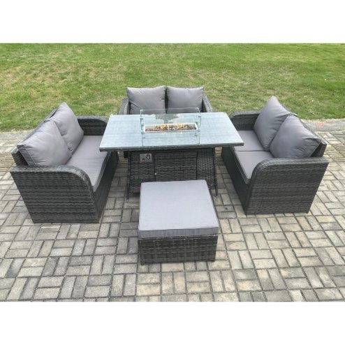 Fimous Rattan Outdoor Garden Furniture Sofa Set Gas Fire Pit Dining Table Gas Heater with Love Sofa Big Footstool Dark Grey Mixed