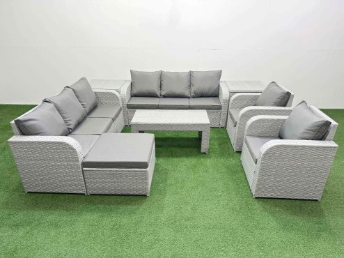Fimous PE Rattan High Back Lounge Sofa Set Patio Oblong Coffee Table & Chairs Set with 3 Seater Sofa Reclining Chair Big Footstool 2 Side Table Light Grey Image