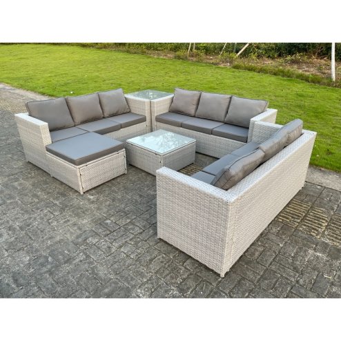 Fimous Light Grey Lounge Outdoor PE Rattan Garden Furniture Set Wicker Sofa Set Square Coffee Table Side Table Footstool