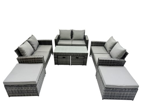 Fimous Outdoor Love Sofa Set 10 Seat Rattan Garden Furniture Set with Oblong Coffee Table 4 Stools Dark Grey Mixed