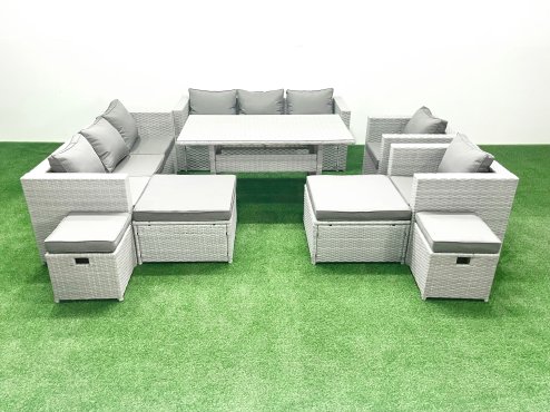 Fimous Rattan Garden Furniture Dining Set 12 Seater Lounge Sofa Chair Dining Table Set with 4 Footstools Light Grey Mixed