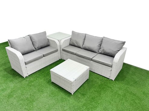 Fimous 5 Seater PE Rattan Wicker Garden Furniture Patio Conservatory Sofa Set with Square Coffee Table 3 Seater Sofa Love Sofa Side Table Image