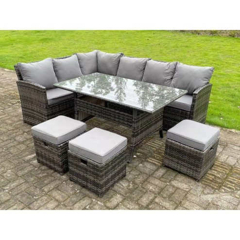 High Back Dark Mixed Grey Rattan Corner Sofa Set Outdoor Furniture Rectangular Dining Table 3 Small Footstools 9 Seater