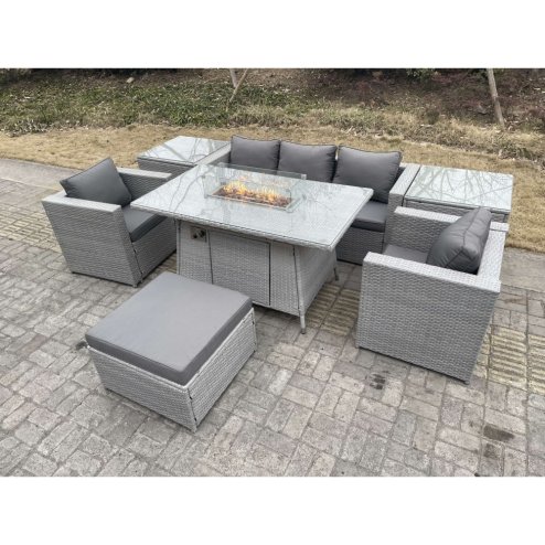 Fimous Rattan Garden Furniture Set Gas Fire Pit Lounge Sofa Chair Dining Set With 2 Side Table And 2 PC Arm Chair Footstool