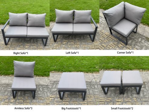 Fimous 9 Pieces Aluminium Garden Furniture Set with Cushions, Patio Furniture Set with Adjustable Rising Lifting Dining Table 2 Big Footstools Dark Grey
