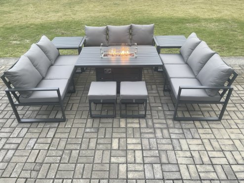 Fimous Aluminium 11 Seater Garden Furniture Outdoor Set Patio Lounge Sofa Gas Fire Pit Dining Table Set with 2 Small Footstools 2 Side Tables Dark Grey