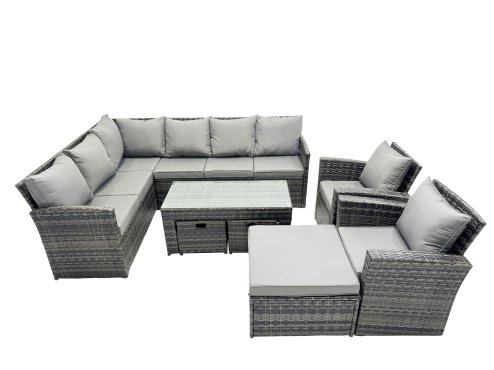 Fimous 11 Seat Poly Rattan Outdoor Patio Oblong Coffee Table Corner Sofa Set with 3 Stools 2 Chairs for Garden Backyard Dark Grey Mixed
