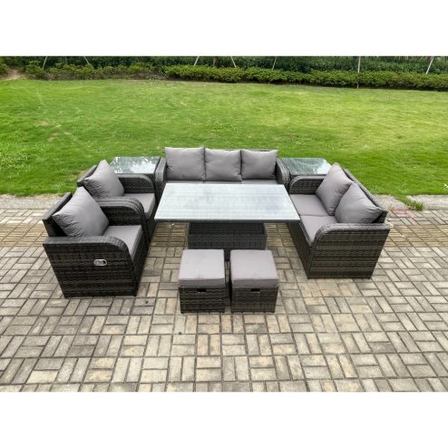 Fimous Wicker PE Rattan Outdoor Garden Furniture Sets Height Adjustable Rising lifting Dining Table Reclining Chair Sofa Set with 2 Side Tables 2 Small Footstools Dark Grey Mixed