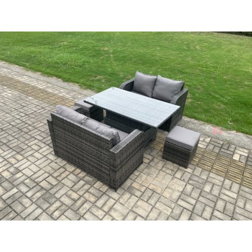 Fimous Outdoor Rattan Furniture Garden Dining Set Height Adjustable Rising lifting Table Love Sofa Set With 2 Small Footstools Dark Grey Mixed