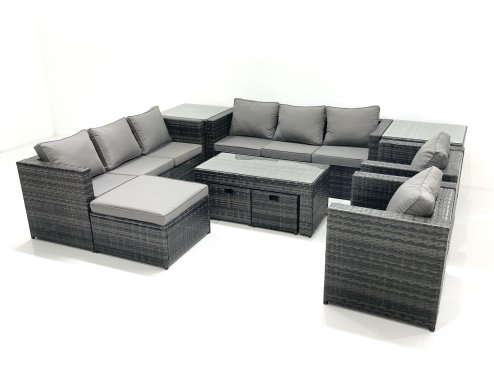 Fimous Rattan Garden Furniture Sofa Set with Coffee table Armchair 2 Side Tables 3 Footstools Dark Grey Mixed