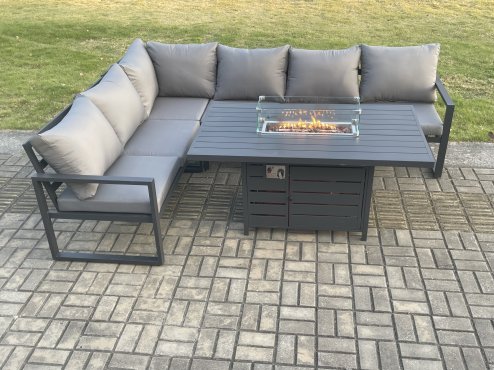 Fimous Aluminium Outdoor Garden Furniture Corner Sofa Gas Fire Pit Dining Table Sets Gas Heater Burner Dark Grey 6 Seater