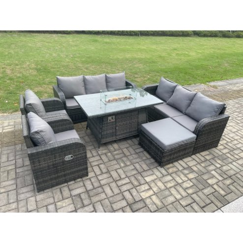 Fimous Garden Patio Furniture Wicker Rattan Gas Fire Pit Table and Sofa set with Recling Chair Big Footstool
