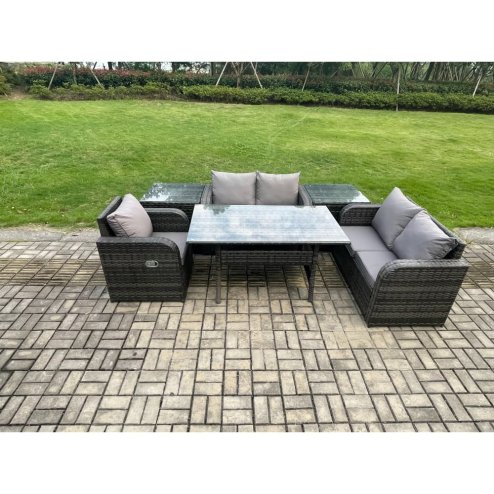 Fimous Lounge Rattan Sofa Set Outdoor Garden Furniture Oblong Rectangular Dining Table With Chairs 2 Side Tables Dark Grey Mixed