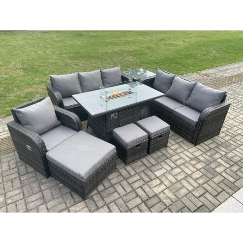 Fimous 10 Seater Wicker Rattan Garden Furniture Set Gas Fire Pit Dining Table Reclining Chair 3 Seater Sofa Set Indoor Outdoor with Side Table 3 Footstools
