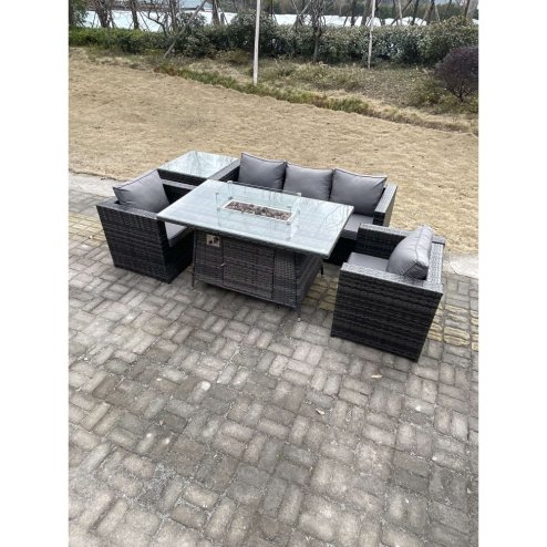 Fimous Outdoor PE Rattan Garden Furniture Gas Fire Pit Dining Table Armchairs With Side Coffee Table Dark Grey Mixed