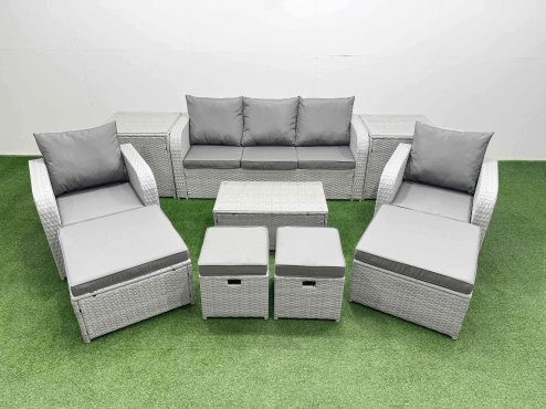 Fimous 10 PCs Rectangular Coffee Table Set Reclining Chair Inclining Sofa Seat 2 Big Footstool 2 Small Stool 2 Side Table Light Grey