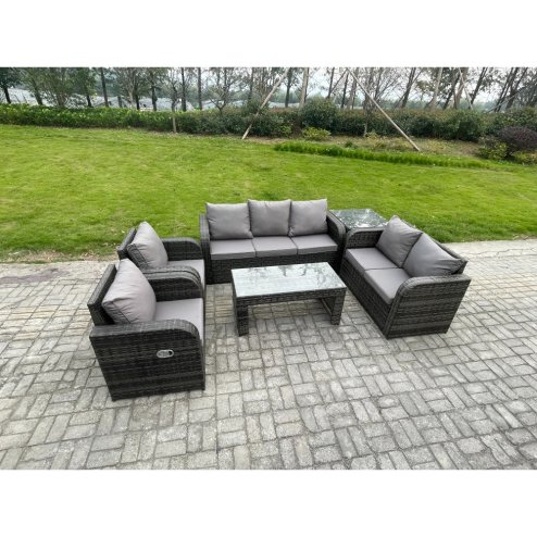 Fimous 7 Seater Outdoor Rattan Garden Furniture Set Patio Lounge Sofa Set with Rectangular Coffee Table Side Table Dark Grey Mixed