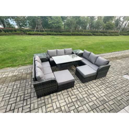 Fimous Wicker PE Rattan Sofa Outdoor Garden Furniture Set with Rectangular Dining Table 2 Big Footstool 2 Side Tables Dark Grey Mixed