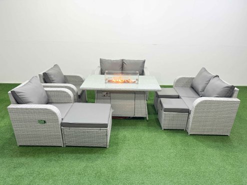 Fimous 9 Seater Outdoor Reclining Chair Love Sofa Set Rattan Garden Furniture Set with Firepit Dining Table 3 Stools Light Grey