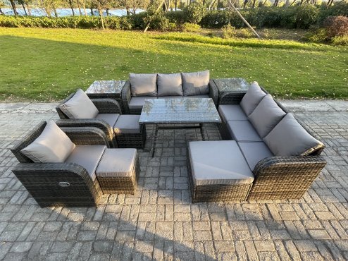 Fimous 11 Seater Rattan Outdoor Garden Furniture Sofa Set Patio Table & Chairs Set with 3 Seater Sofa Rectangular Dining Table 3 Footstool 2 Side Tables Dark Grey Mixed