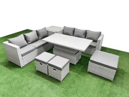 Fimous 7 PCs Rising Dining Table Set Rattan Furniture Set with 3 Seater Sofa 3 Footstools Side Table Light Grey