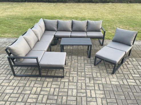 Fimous Aluminium 10 Seater Patio Outdoor Garden Furniture Lounge Corner Sofa Set with Oblong Coffee Table 2 Big Footstools Dark Grey