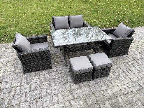 Fimous 6 Seater PE Wicker Outdoor Garden Furniture Set Patio Furniture Rattan Rectangular Dining Table Lounge Sofa with 2 Small Footstools