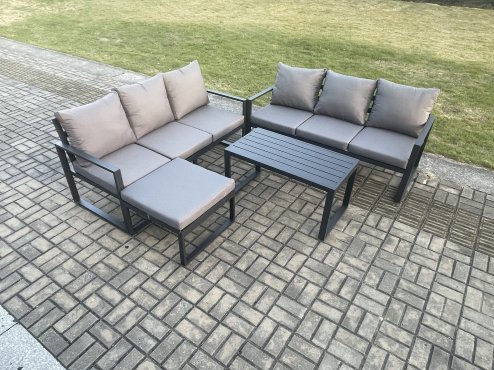 Fimous Aluminium 4 Pieces Outdoor Garden Furniture Lounge Sofa Set with Oblong Coffee Table Big Footstool Dark Grey