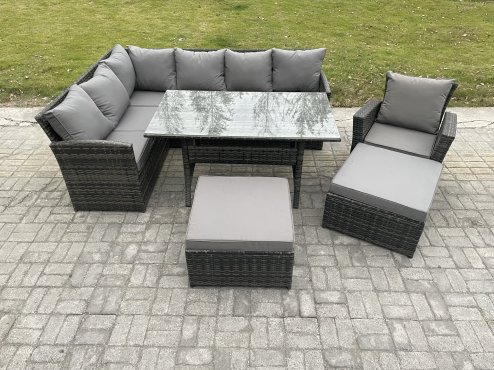 Fimous 9 Seater Outdoor Rattan Garden Furniture Set with Rectangular Dining Table 2 Big Footstool Armchiar Patio Wicker Corner Sofa Set Dark Grey Mixed