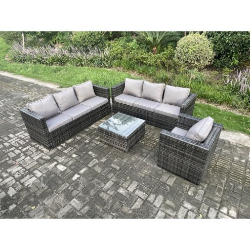 Fimous Rattan Garden Furniture Sofa Set with Armchair Square Coffee Table Indoor Outdoor 7 Seater Rattan Set Dark Grey Mixed