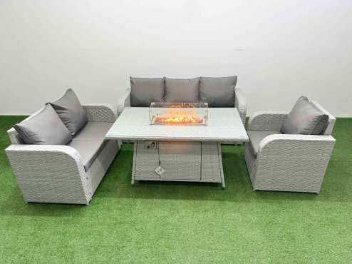 Fimous Patio PE Wicker 6 Seater Outdoor Rattan Furniture Sofa Sets with Firepit Dining Table Reclining Chair Loveseat Sofa 3 Seater Sofa Light Grey