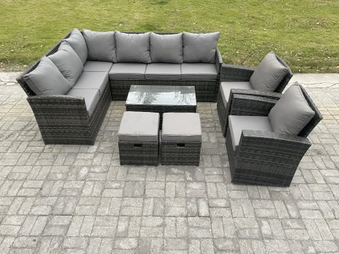 Fimous 10 Seater Rattan Lounge Corner Sofa Set Wicker PE Outdoor Garden Furniture Set with Coffee Table 2 Small Footstools 2 Armchair Dark Grey Mixed