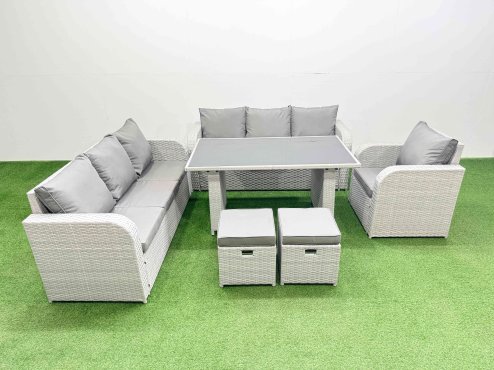 Fimous Rattan Garden Furniture Dining Set 9-seater Patio Rectangular Table Sofa Set with 2 Small Stools Light Grey