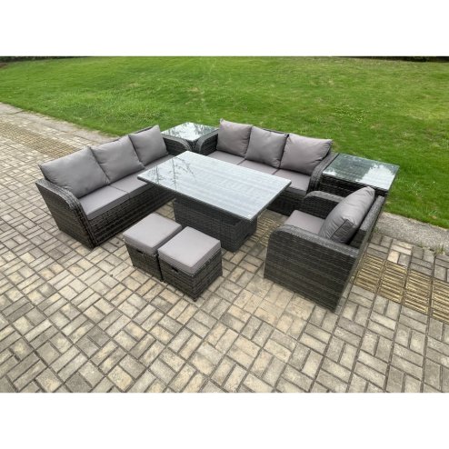 Fimous PE Rattan Outdoor Garden Furniture Sets Height Adjustable Rising lifting Dining Table Sofa Set with 2 Side Tables Reclining Chair 2 Small Footstools
