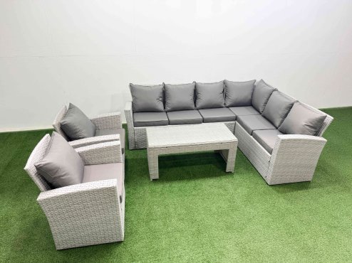 Fimous Rattan Garden Furniture Set 5 Pieces Outdoor Garden Sofa Oblong Coffee Table Set with 2 Chairs Light Grey Mixed