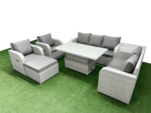Fimous PE Rattan Garden Furniture Set Reclining Chair Sofa Double Love Seat 2 Seater Sofa Lounge Set Adjustable Lifting Dining or Coffee Table Big Footstool Side Table Light Grey Image