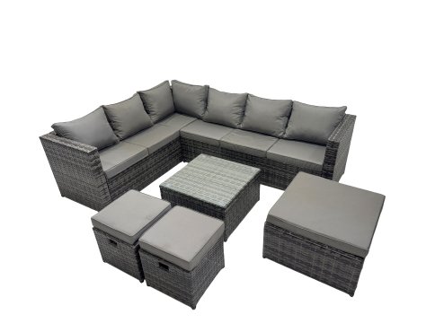 Fimous Rattan Garden Furniture Patio Furniture Sets with Corner Sofa Square Coffee Table 3 Footstools Dark Grey Mixed