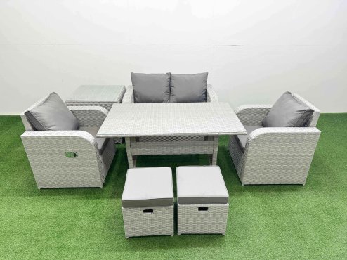 Fimous Light Grey PE Wicker Rattan Garden Furniture Set Sofa Set Reclining Chair Rectangular Dining Table 6 Seater 2 Small Stools Side Table
